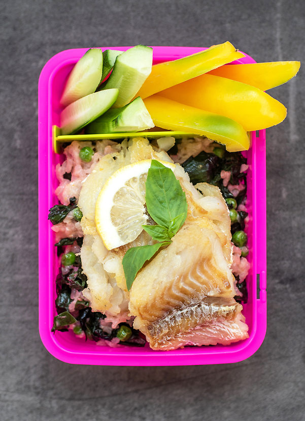 o128 Špenátovo-hráškové rizoto s treskou